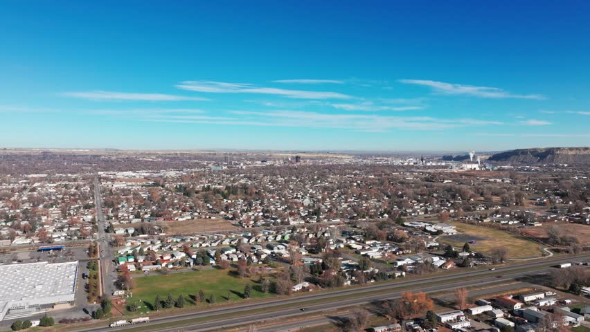 Panning to the right drone shot of Billings, Montana on a sunny day