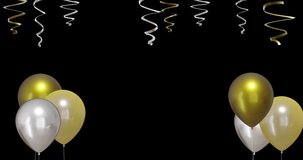 Animation of gold and silver balloons with happy new year text on black background. New year, new year's eve, party, celebration and tradition concept digitally generated video.