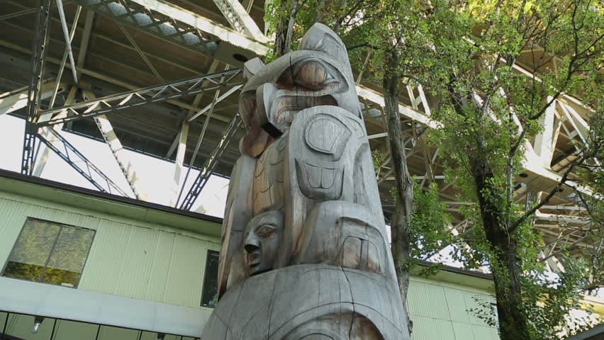 Granville Island, Vancouver Totem Pole dolly shot. Totem pole on Granville Island. Vancouver, British Columbia.