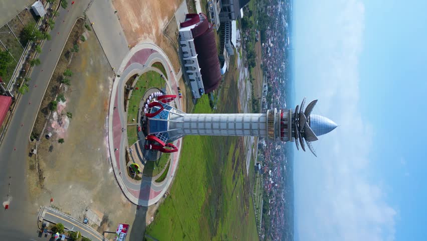 Established Aerial View of Lotus Viewing Tower Purwokerto in a Sunny Day | Shutterstock HD Video #1111984977
