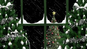 Animation of window over snow and christmas tree. Christmas, tradition and celebration concept digitally generated video.