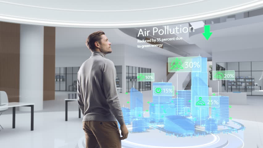 Futuristic Architect Standing in a Virtual Space, Interacting with an Augmented Reality Hologram 3D City showing ESG Data and Green Energy Statistics, Big Data Analysis of Reusables | Shutterstock HD Video #1111987485
