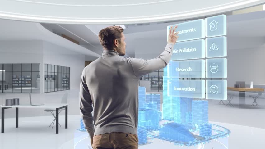 Futuristic Businessman Standing in a Virtual Space, Interacting with an Augmented Reality Hologram 3D City showing Real Estate Investment Big Data Analysis, Financial Reports, Stock Market Statistics | Shutterstock HD Video #1111987487