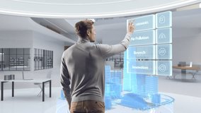 Futuristic Businessman Standing in a Virtual Space, Interacting with an Augmented Reality Hologram 3D City showing Real Estate Investment Big Data Analysis, Financial Reports, Stock Market Statistics - Powered by Shutterstock - Get 15% off with code: PIKWIZARD15