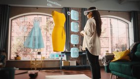 Black Woman Using Virtual Reality Headset for Online Shopping, Browsing through Stylish Dresses and Clothing items. Ordering from Mock-up Internet Store App for e-Commerce products. Augmented Reality