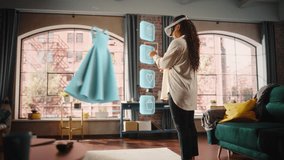 Black Woman Using Virtual Reality Headset for Online Shopping, Browsing through Stylish Dresses and Clothing items. Ordering from Mock-up Internet Store App for e-Commerce products. Augmented Reality - Powered by Shutterstock - Get 15% off with code: PIKWIZARD15