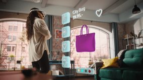 Black Woman Using Virtual Reality Headset for Online Shopping, Browsing through Stylish Handbags items. Ordering from Mock-up Internet Store App for e-Commerce products. Augmented Reality - Powered by Shutterstock - Get 15% off with code: PIKWIZARD15