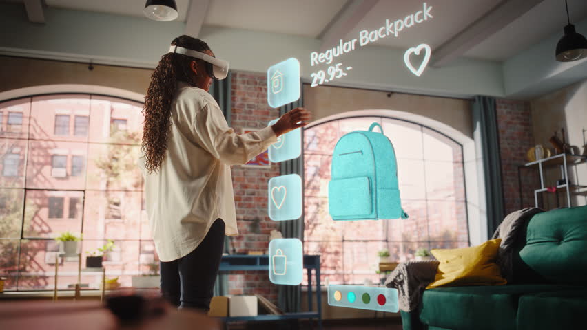 Black Woman Using Virtual Reality Headset for Online Shopping, Browsing through Stylish Handbags items. Ordering from Mock-up Internet Store App for e-Commerce products. Augmented Reality | Shutterstock HD Video #1111987499