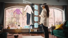 Black Woman Using Virtual Reality Headset for Online Shopping, Browsing through Stylish Clothing items. Ordering from Mock-up Internet Store App for e-Commerce products. Augmented Reality - Powered by Shutterstock - Get 15% off with code: PIKWIZARD15