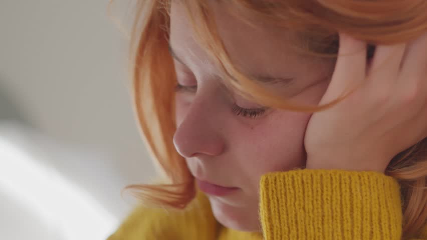 Portrait Of A Red-haired Woman With Her Hand On Her Face. - close up shot | Shutterstock HD Video #1111988369