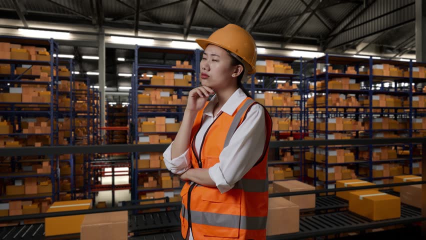 Side View Of Asian Female Engineer With Safety Helmet Standing In The Warehouse With Shelves Full Of Delivery Goods. Thinking About Something And Looking Around Then Raising Her Index Finger | Shutterstock HD Video #1111989401