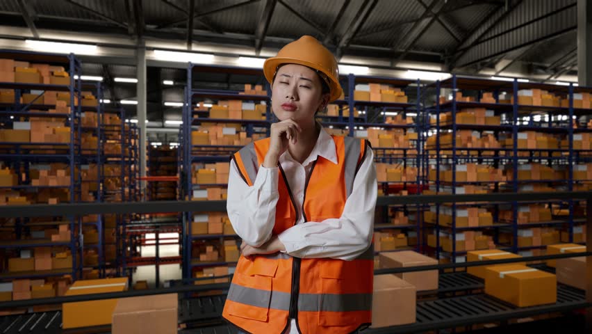 Asian Female Engineer With Safety Helmet Standing In The Warehouse With Shelves Full Of Delivery Goods. Thinking About Something And Looking Around Then Raising Her Index Finger | Shutterstock HD Video #1111989421
