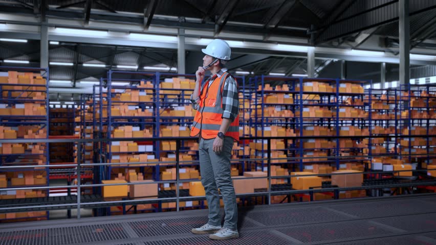 Full Body Side View Of Asian Male Engineer With Safety Helmet Standing In The Warehouse With Shelves Full Of Delivery Goods. Thinking About Something And Looking Around Then Raising His Index Finger 
 | Shutterstock HD Video #1111989441