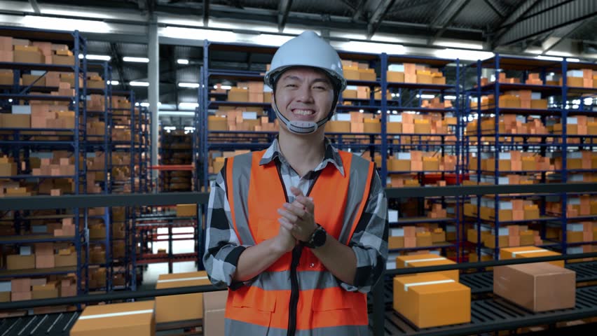 Asian Male Engineer With Safety Helmet Standing In The Warehouse With Shelves Full Of Delivery Goods. Smiling To The Camera And Clapping Hands In The Storage | Shutterstock HD Video #1111989463
