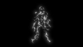 Animation of a person receiving an electric shock on a black screen. Lightning discharges in the shape of the human body in 4K with an alpha channel. Killer current energy in 4K with alpha channel.