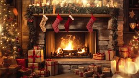 This heartwarming animation features a festively adorned fireplace, complete with Christmas stockings hanging by the chimney and a warm, crackling fire. - Powered by Shutterstock - Get 15% off with code: PIKWIZARD15