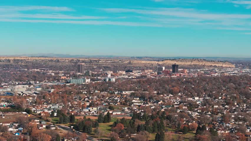 Drone flyover view of downtown billings, montana on a sunny day
