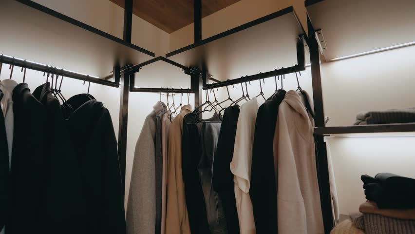 There are elegant clothes in the wardrobe. Clothes hang on hangers. Shelf. Refined wardrobe. Nice stuff. Modern stylish wardrobe. Modern things. Clean things. Outerwear. Stylish clothes.