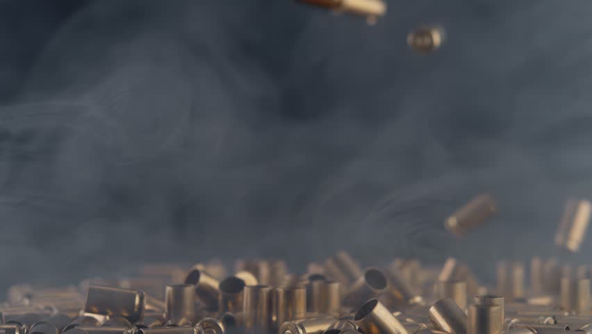 Numerous Spent Bullet Casings Falling in Pile with Drifting Smoke