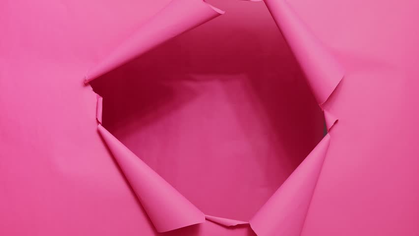 Satisfied smiling cheerful brown haired adult woman wearing stylish jumper standing through torn hole of pink background looking with delighted expression.
