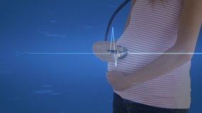 Heartbeat over caucasian woman listening to her pregnant belly with stethoscope, on blue. Pregnancy, check up, heart, medical equipment and healthcare digitally generated video.