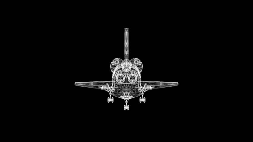 Spinning 3d wireframe spaceship on plain black background