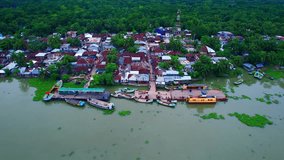 
River ghat in Village Drone Shot,River envirment Aerial footage