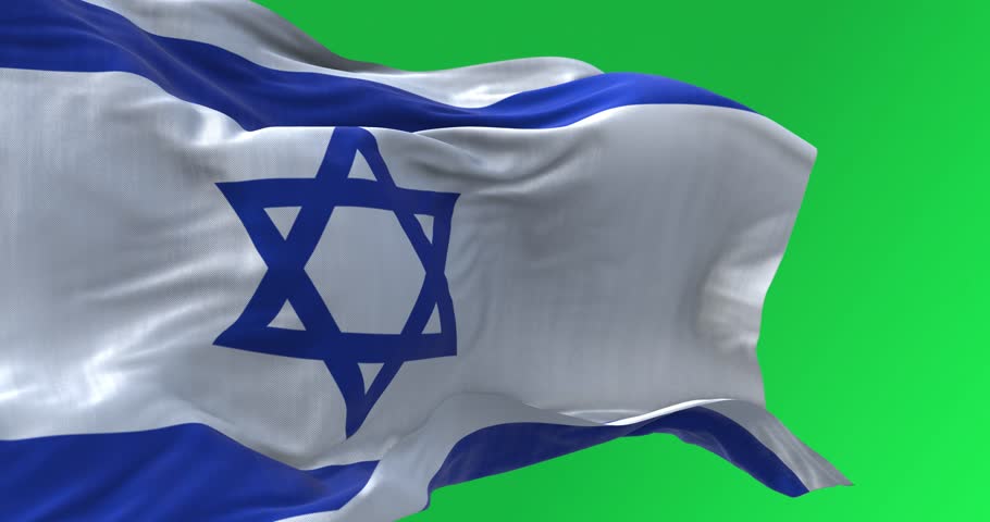 State of Israel national flag waving on green screen. Blue Star of David in the center, two horizontal blue stripes on a white field. Seamless 3D render animation. Chroma key. Slow motion loop. 4K Royalty-Free Stock Footage #1112018467