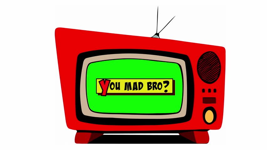 Animation of a vintage tv with a comic strip box appearing inside the screen, showing the text: You mad bro?
 | Shutterstock HD Video #1112018517