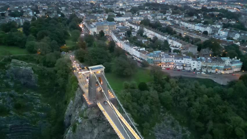 Establishing Aerial View Shot of Bristol UK, United Kingdom, track in, magical light, Clifton Suspension Bridge, River Avon. Aerial view over the Avon Gorge and Clifton Suspension Bridge