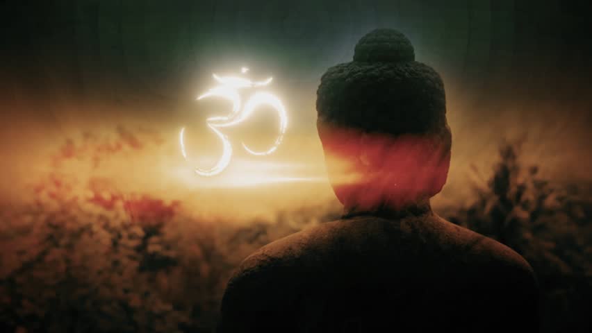 Meditation Buddha statue with aum symbol effect