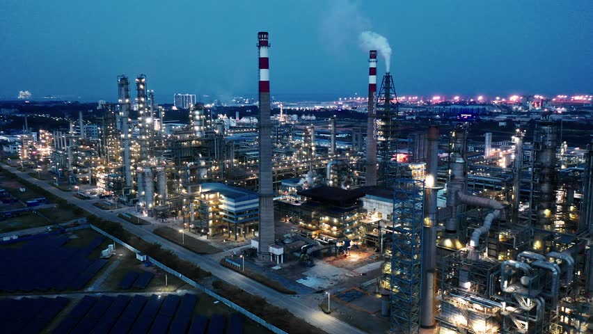Aerial view of chimneys of power plant, an industrial district.  Modern large thermal power plant