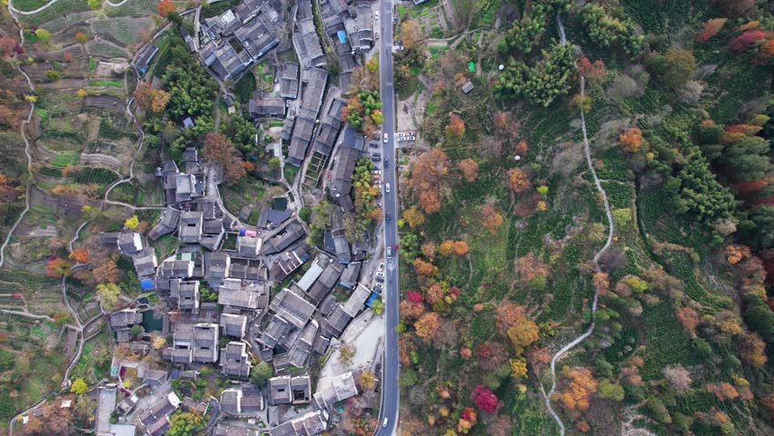 Aerial view of Chinese ancient village, Tachuan, Hongcun, Anhui, China. Drone fly view of traditional villages in sunny autumn day, 4k real time footage. Royalty-Free Stock Footage #1112026145