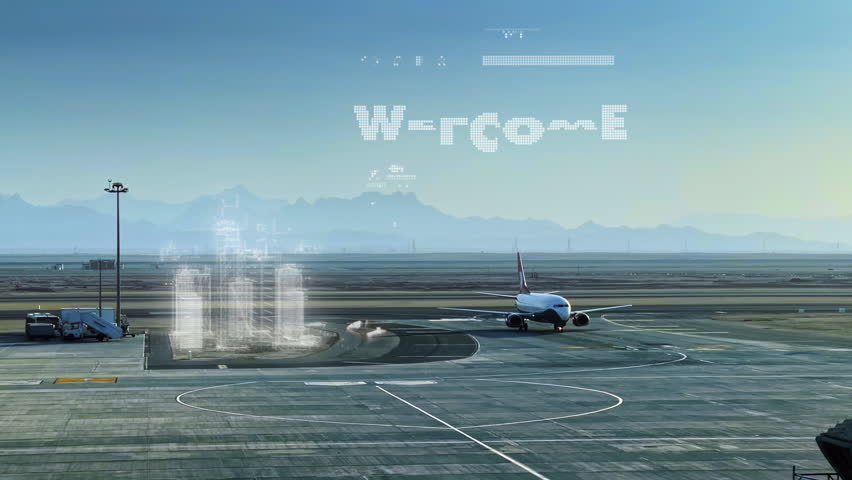Airport in desert mountain area. Attaching Passenger Boarding Bridge to an Airplane. Time Lapse | Shutterstock HD Video #1112028185