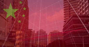 Animation of flag of china and financial data processing over cityscape. Global business, finance, data processing and digital interface concept digitally generated video.