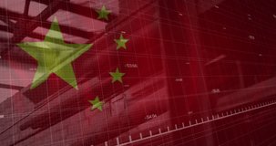 Animation of financial data processing, flag of china over factory. Global business, finance, data processing and global economy concept digitally generated video.