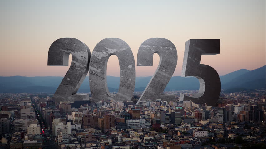 Welcome to the new year 2025. The huge 2025 structure towers over the city in grand style. 3D Rendering Royalty-Free Stock Footage #1112030505