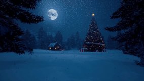 Decorated Christmas tree on Christmas Eve against the backdrop of a snowy, night forest and slowly falling snow. 3D animation to create a festive mood.