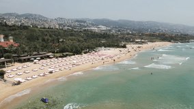 Picturesque aerial video of the Jbeil beach, a public Mediterranean beach  in Byblos, Lebanon