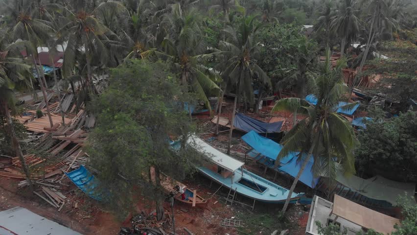 Top down view of boat construction at Belitung island Indonesia, aerial