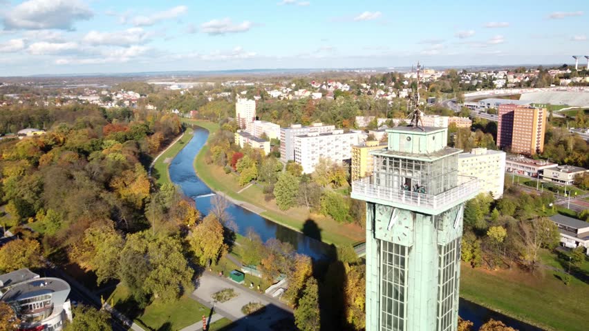 Scenic view of majestic. Ostrava New Town Hall Clock And Observation Tower On The Bank of River Ostravice In Czech Republic.