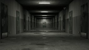 Empty prison corridor with lights turning on. Wet floor, locked doors, brick walls and megaphones hanging on the walls. 3d render. Seamless loop. - Powered by Shutterstock - Get 15% off with code: PIKWIZARD15
