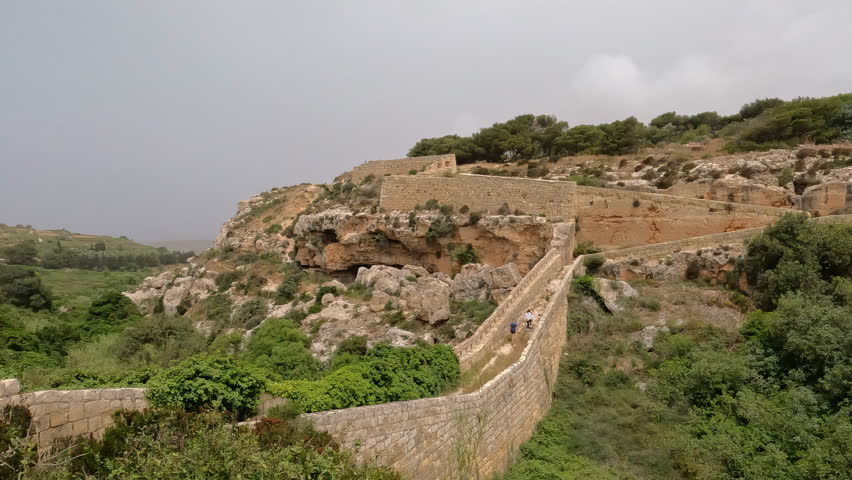 Panoramic aerial view showing the walls of the Victoria lines on the island of Malta.