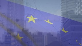 Animation of waving eu flag and stock market data processing over low angle view of tall buildings. Global economy and finance concept - Powered by Shutterstock - Get 15% off with code: PIKWIZARD15