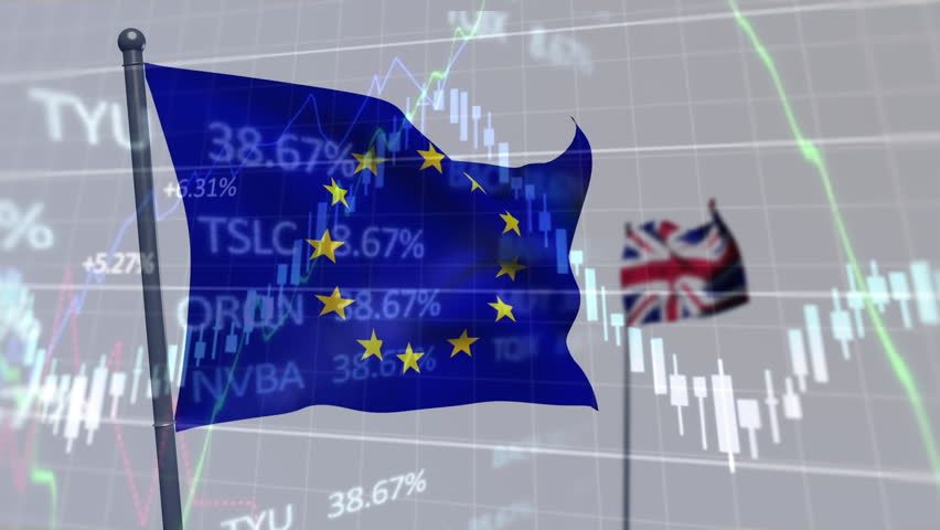 Animation of financial data processing over waving uk and eu flag against grey background. Global economy and finance concept - Powered by Shutterstock - Get 15% off with code: PIKWIZARD15