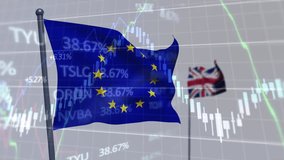 Animation of financial data processing over waving uk and eu flag against grey background. Global economy and finance concept - Powered by Shutterstock - Get 15% off with code: PIKWIZARD15