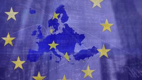 Animation of spinning circles on eu flag and map against low angle view of tall buildings. Global economy and finance concept - Powered by Shutterstock - Get 15% off with code: PIKWIZARD15