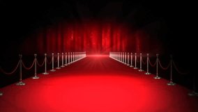 Animation of falling confetti over red carpet on black background. Party, event, entertainment and celebration concept digitally generated video.