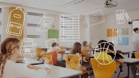 Animation of education school icons over diverse school children in classroom. Global education, learning and elementary school concept digitally generated video.