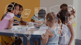Animation of education school icons over diverse school children in classroom. Global education, learning and elementary school concept digitally generated video. - Powered by Shutterstock - Get 15% off with code: PIKWIZARD15